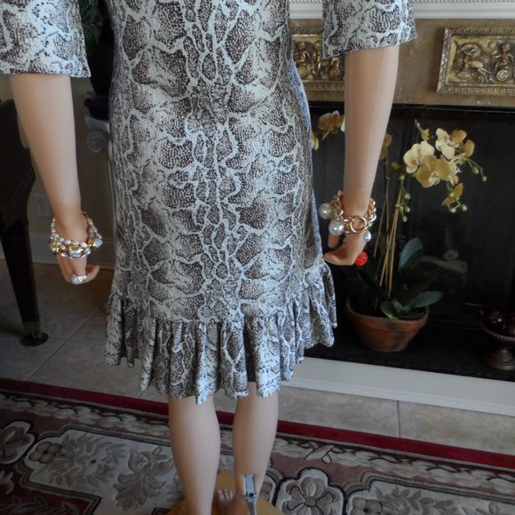 Chloe Brown Multi Python Print Knit Sheath Dress w/ Ruffle Hem Detail Size M - Picture 12 of 16